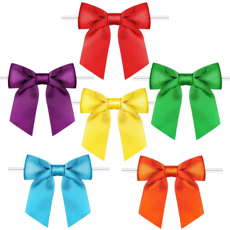 Rainbow Pana 102 Pack Twist Tie Bows for Treat Bags 3 Rainbow 6 colors Satin Ribbon Bows for Package craft gift Wrapping Decoration - Red Orange Yellow green Blue Purple